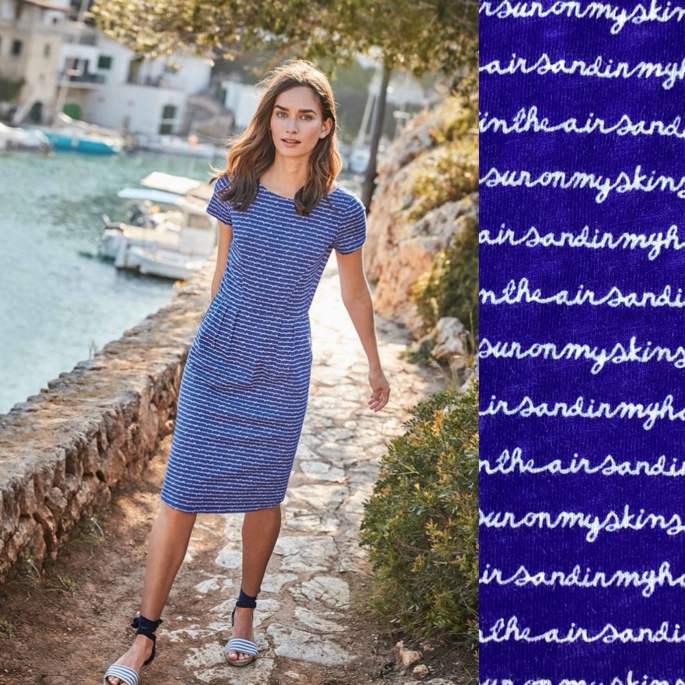 Boden Phoebe Greek Postcard Jersey Dress POCKETS 12 Blue & White